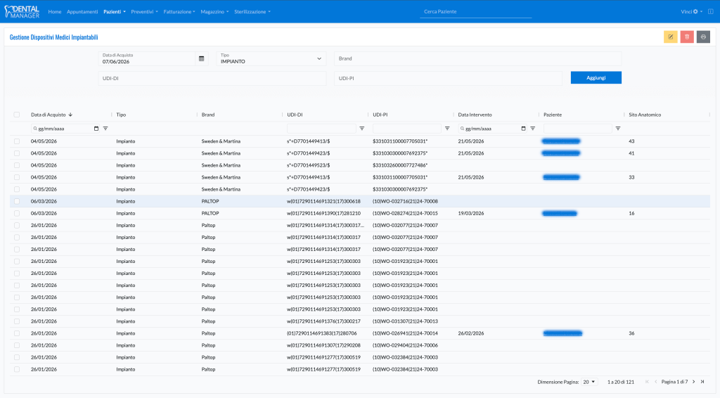 Il registro dei dispositivi medici impiantabili raccoglie tutte le informazioni relative agli impianti dentali e ai biomateriali utilizzati durante i trattamenti.